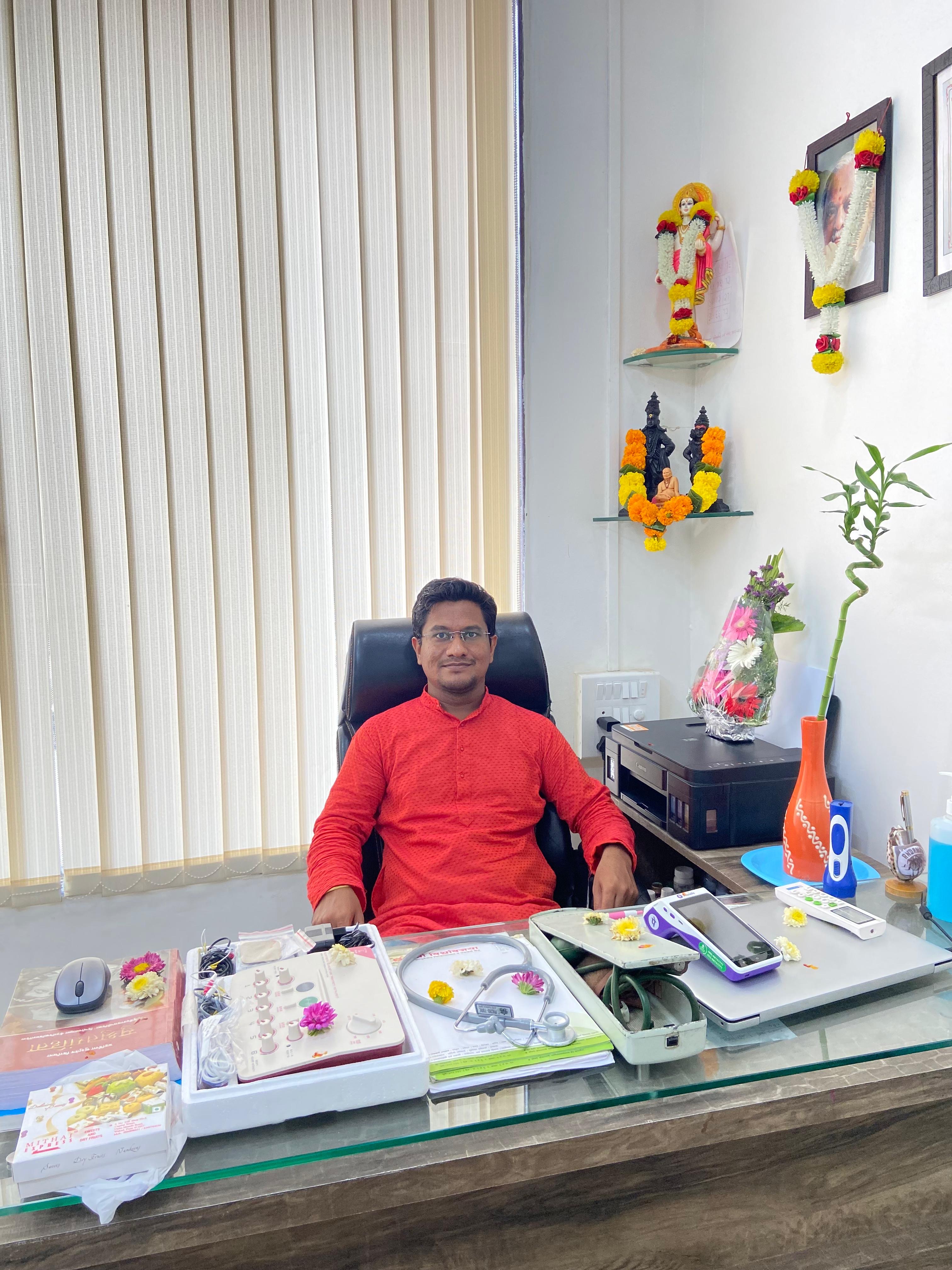 Serene Ayurvedic clinic interior with traditional decor
